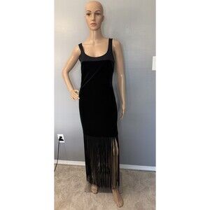 J S Collection Black Velvet Fringe Dress Flapper 20's Slinky Party Mini Maxi 6